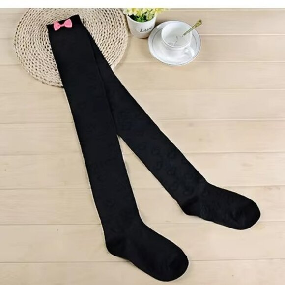 On Order - Women's Thigh High Socks Black with Heart Pattern and Pink Bow Kawaii - Picture 2 of 5